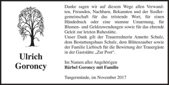 Traueranzeige von Ulrich Goroncy  von Magdeburger Volksstimme