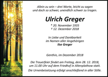 Traueranzeige von Ulrich Greger  von Magdeburger Volksstimme