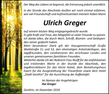 Traueranzeige von Ulrich Greger  von Magdeburger Volksstimme