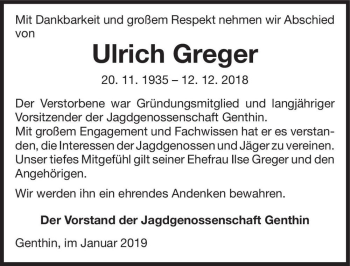 Traueranzeige von Ulrich Greger  von Magdeburger Volksstimme