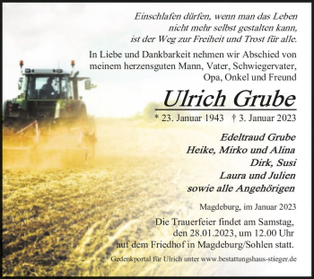 Traueranzeige von Ulrich Grube  von Magdeburger Volksstimme