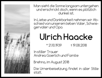 Traueranzeige von Ulrich Haacke  von Magdeburger Volksstimme