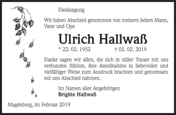 Traueranzeige von Ulrich Hallwaß  von Magdeburger Volksstimme