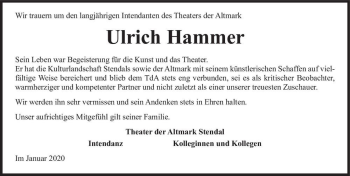 Traueranzeige von Ulrich Hammer  von Magdeburger Volksstimme
