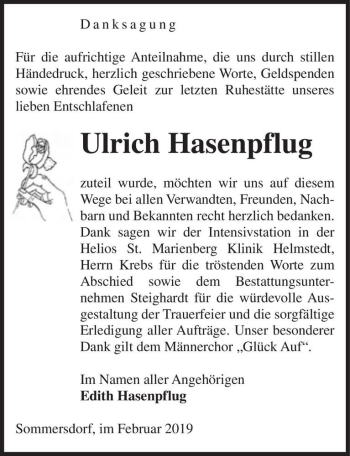 Traueranzeige von Ulrich Hasenpflug  von Magdeburger Volksstimme
