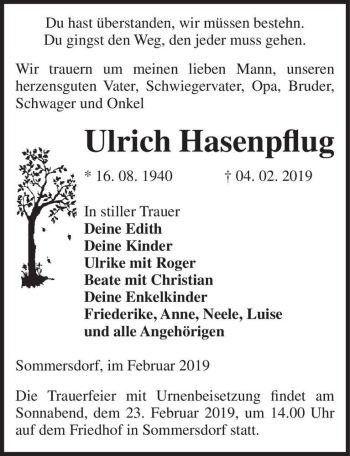 Traueranzeige von Ulrich Hasenpflug  von Magdeburger Volksstimme