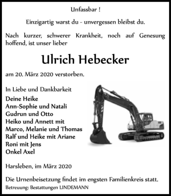 Traueranzeige von Ulrich Hebecker  von Magdeburger Volksstimme