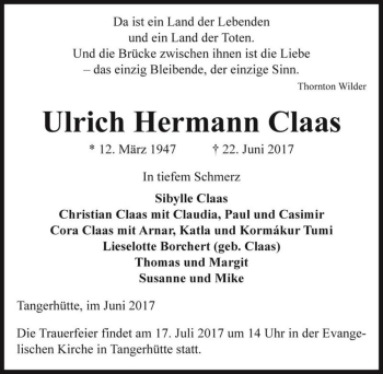 Traueranzeige von Ulrich Hermann Claas  von Magdeburger Volksstimme