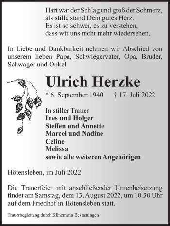 Traueranzeige von Ulrich Herzke  von Magdeburger Volksstimme
