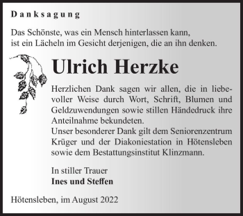 Traueranzeige von Ulrich Herzke  von Magdeburger Volksstimme