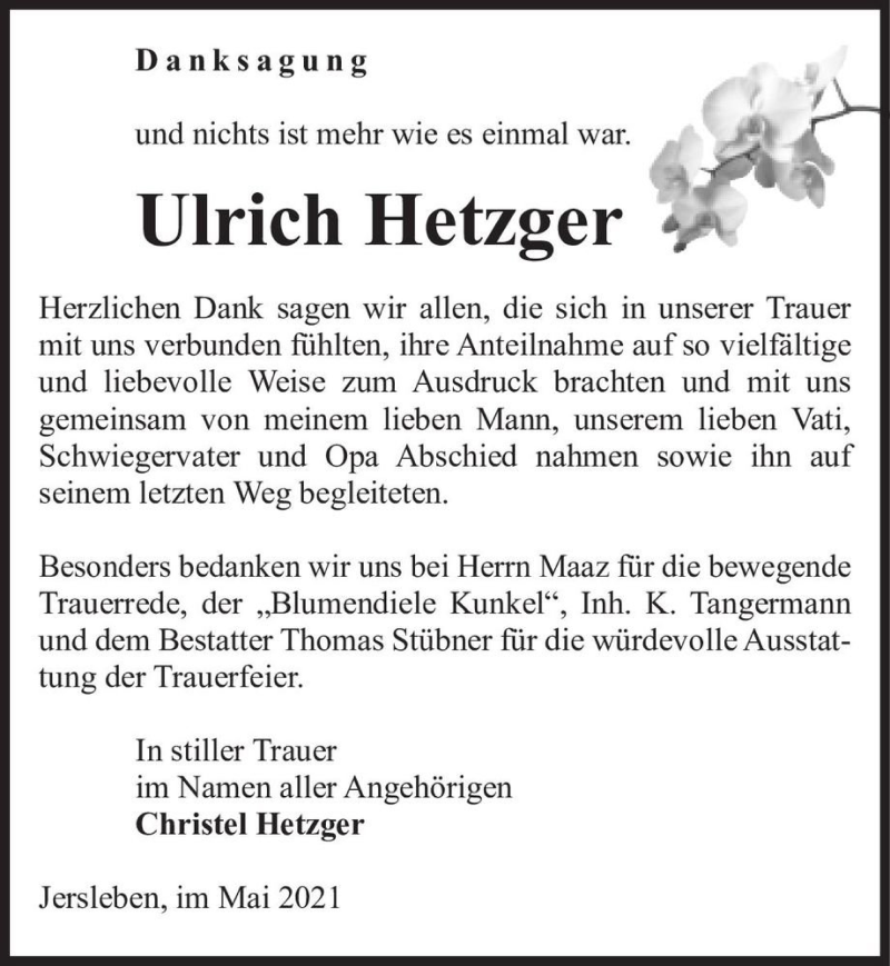  Traueranzeige für Ulrich Hetzger  vom 15.05.2021 aus Magdeburger Volksstimme