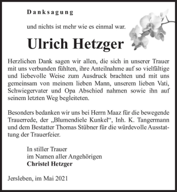 Traueranzeige von Ulrich Hetzger  von Magdeburger Volksstimme