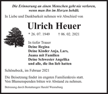 Traueranzeige von Ulrich Heuer  von Magdeburger Volksstimme