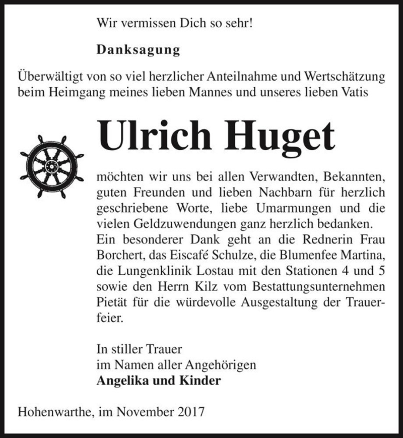  Traueranzeige für Ulrich Huget  vom 25.11.2017 aus Magdeburger Volksstimme