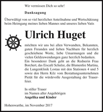 Traueranzeige von Ulrich Huget  von Magdeburger Volksstimme