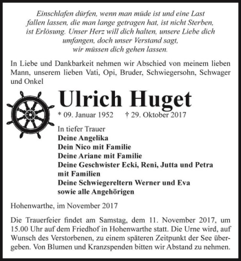 Traueranzeige von Ulrich Huget  von Magdeburger Volksstimme