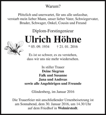 Traueranzeige von Ulrich Höhne  von Magdeburger Volksstimme