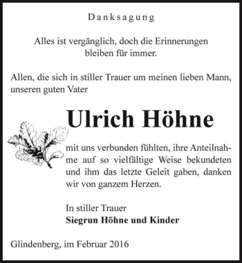 Traueranzeige von Ulrich Höhne  von Magdeburger Volksstimme