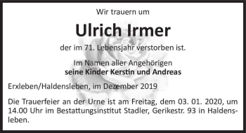 Traueranzeige von Ulrich Irmer  von Magdeburger Volksstimme