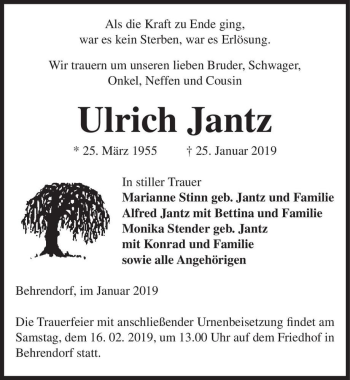Traueranzeige von Ulrich Jantz  von Magdeburger Volksstimme