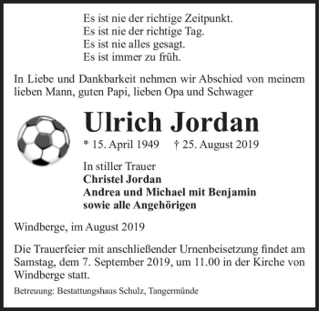 Traueranzeige von Ulrich Jordan  von Magdeburger Volksstimme