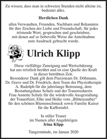 Traueranzeige von Ulrich Klipp  von Magdeburger Volksstimme