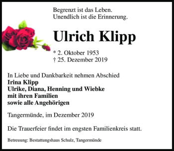 Traueranzeige von Ulrich Klipp  von Magdeburger Volksstimme