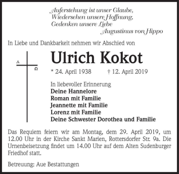 Traueranzeige von Ulrich Kokot  von Magdeburger Volksstimme