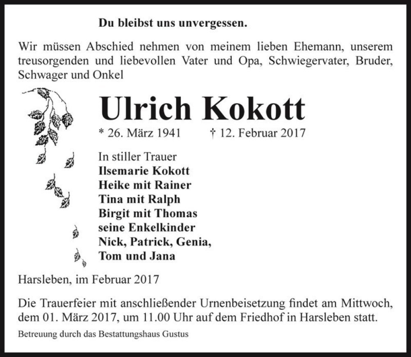  Traueranzeige für Ulrich Kokott  vom 18.02.2017 aus Magdeburger Volksstimme