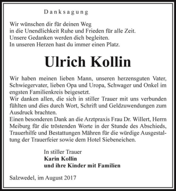 Traueranzeige von Ulrich Kollin  von Magdeburger Volksstimme