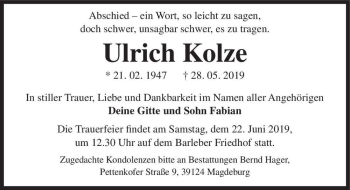 Traueranzeige von Ulrich Kolze  von Magdeburger Volksstimme