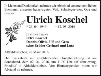 Traueranzeige von Ulrich Koschel  von Magdeburger Volksstimme