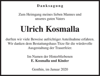 Traueranzeige von Ulrich Kosmalla  von Magdeburger Volksstimme