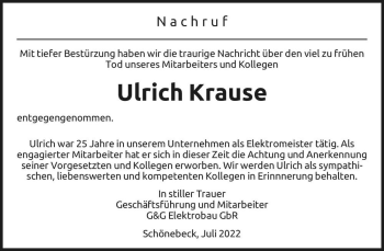 Traueranzeige von Ulrich Krause  von Magdeburger Volksstimme
