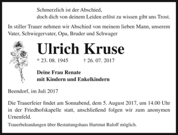 Traueranzeige von Ulrich Kruse  von Magdeburger Volksstimme