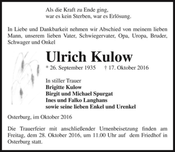 Traueranzeige von Ulrich Kulow  von Magdeburger Volksstimme