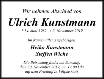 Traueranzeige von Ulrich Kunstmann  von Magdeburger Volksstimme