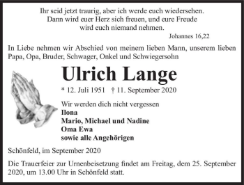 Traueranzeige von Ulrich Lange  von Magdeburger Volksstimme