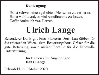 Traueranzeige von Ulrich Lange  von Magdeburger Volksstimme