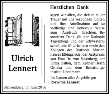 Traueranzeige von Ulrich Lennert  von Magdeburger Volksstimme