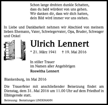 Traueranzeige von Ulrich Lennert  von Magdeburger Volksstimme