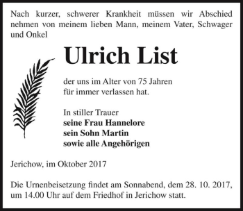 Traueranzeige von Ulrich List  von Magdeburger Volksstimme