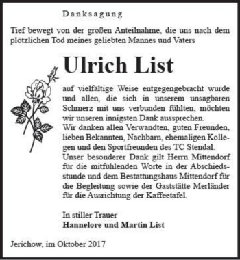 Traueranzeige von Ulrich List  von Magdeburger Volksstimme