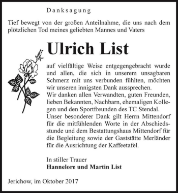 Traueranzeige von Ulrich List  von Magdeburger Volksstimme