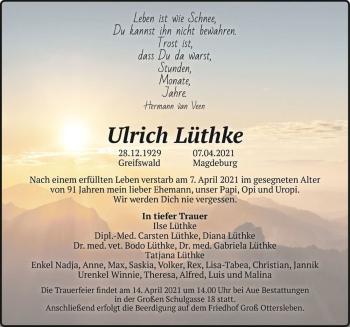 Traueranzeige von Ulrich Lüthke  von Magdeburger Volksstimme