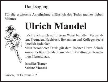 Traueranzeige von Ulrich Mandel  von Magdeburger Volksstimme