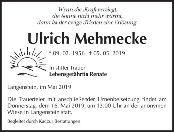 Traueranzeige von Ulrich Mehmecke  von Magdeburger Volksstimme