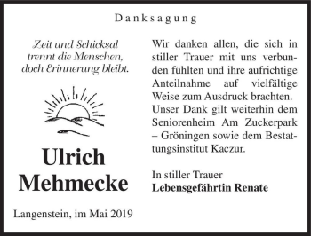Traueranzeige von Ulrich Mehmecke  von Magdeburger Volksstimme
