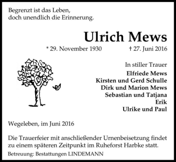 Traueranzeige von Ulrich Mews  von Magdeburger Volksstimme