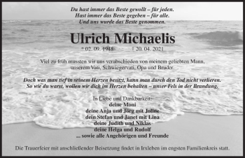 Traueranzeige von Ulrich Michaelis  von Magdeburger Volksstimme